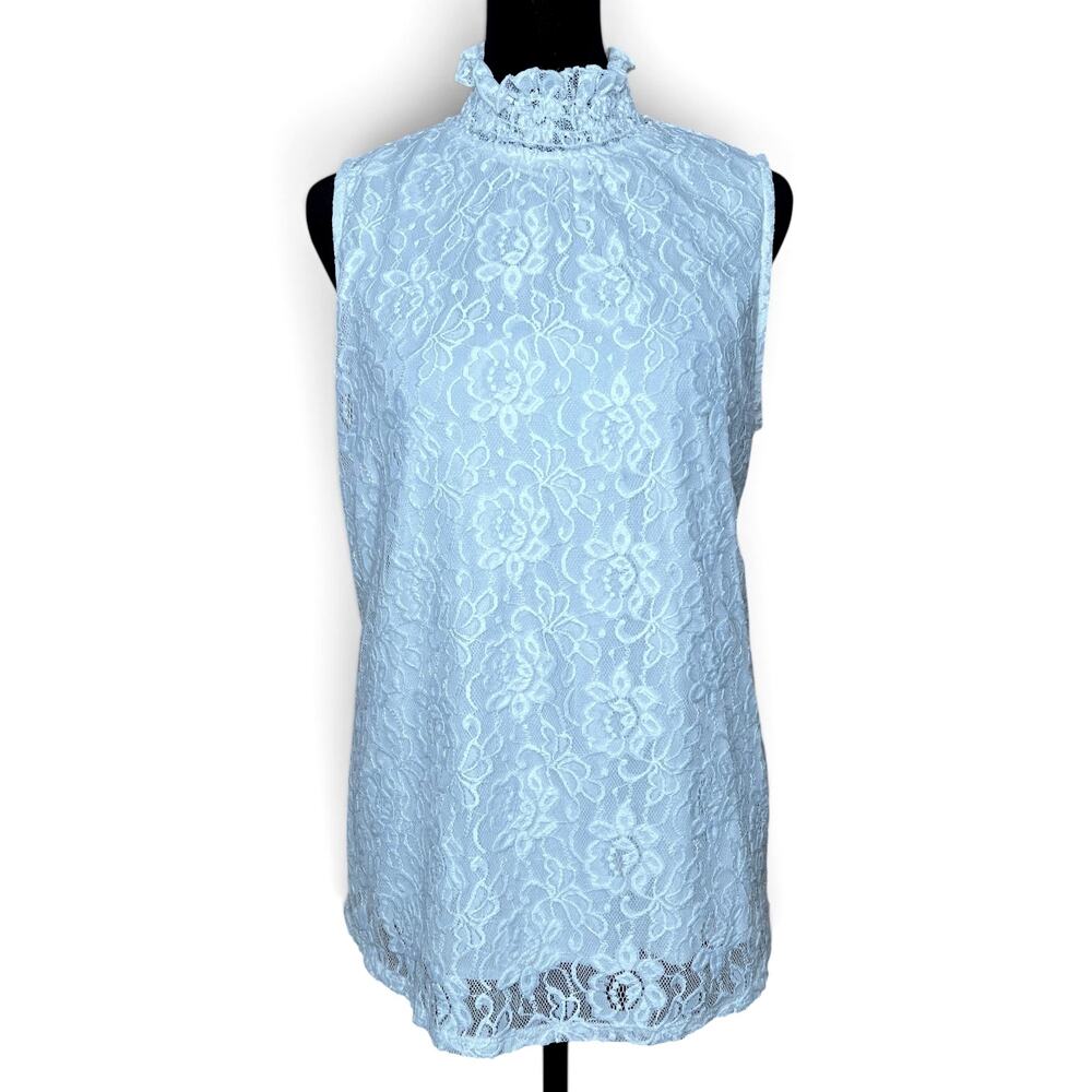 Shannon Ford White Rose Lace Victorian Ruffle Turtleneck Sleeveless Top Size XL